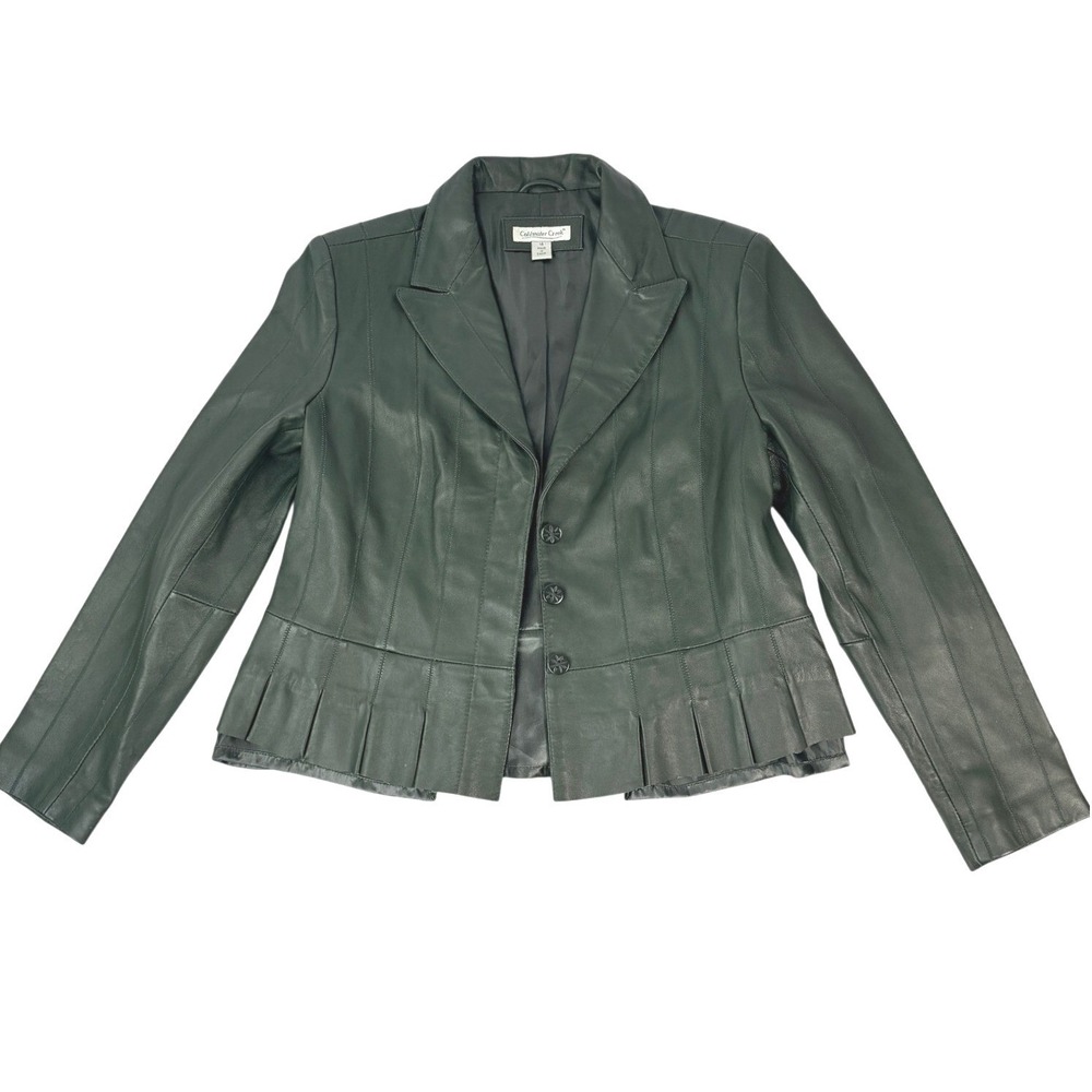 Coldwater Creek Green Leather Jacket Pleated Peplum Blazer Size 14 V#I331